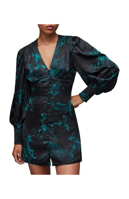 Allsaints Auden Cosmic Print Long Sleeve Minidress In Emerald Green