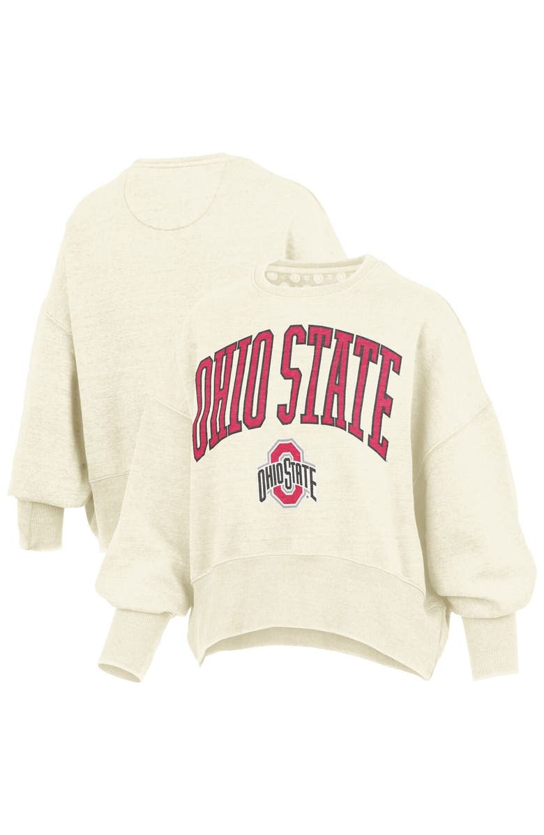 PRESSBOX Women's Pressbox Natural Ohio State Buckeyes Oversized Waist-Length Crewneck Sweatshirt, Alternate, color, 