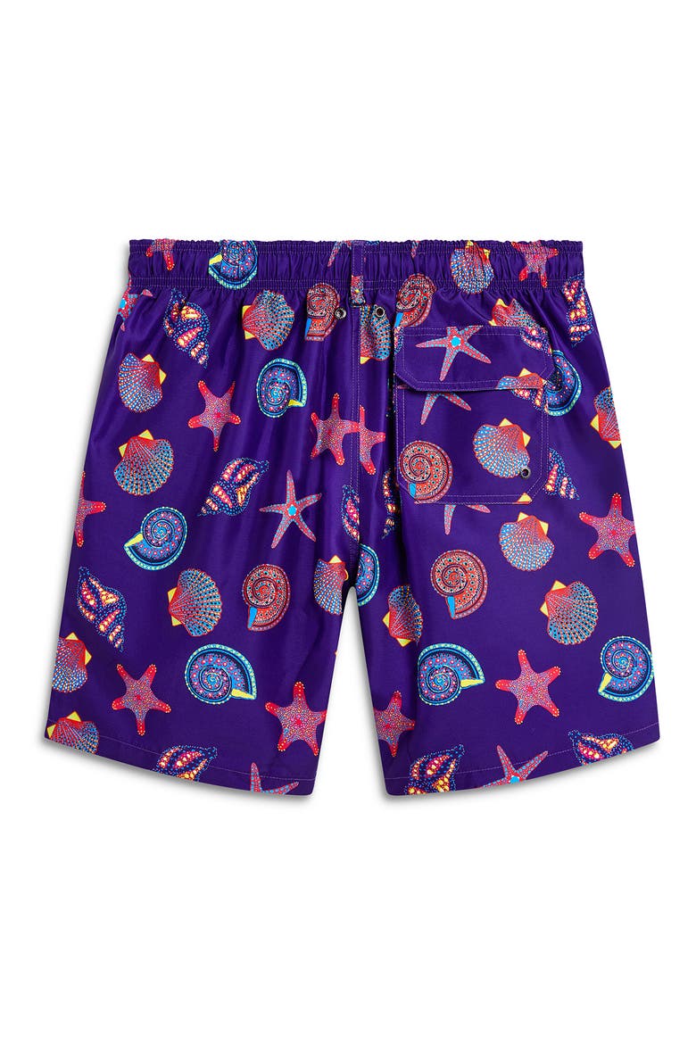 Seashell Print Swim Trunks, Alternate, color, NIGHT BLUE