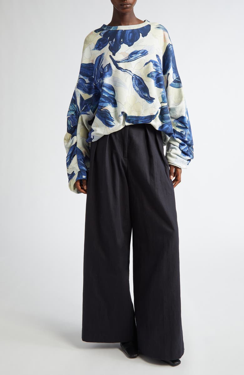 Dries Van Noten Hannet Floral Print Oversize Gathered Cotton Sweatshirt, Alternate, color, 