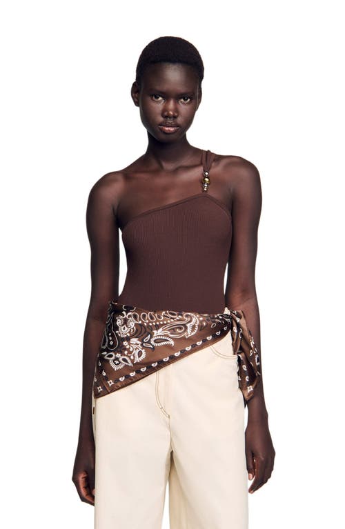 Sandro Asymmetric Leotard With Bead Detail In Brown