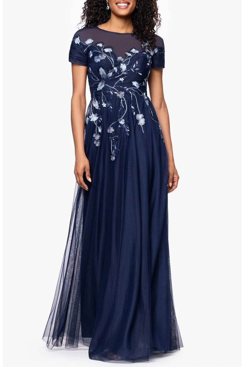 Embroidered Sequin Floral Bodice Mesh Gown, Main, color, NAVY/ MULTI