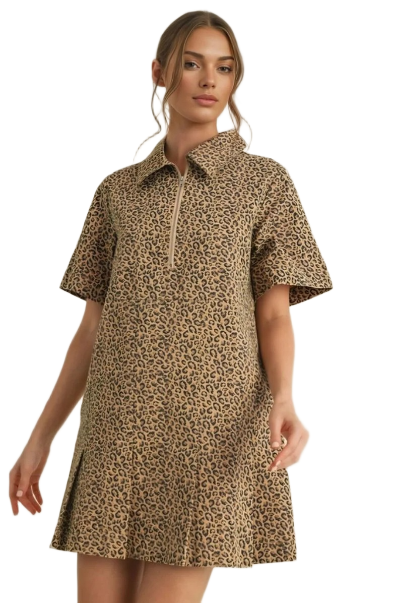 Knit and Lounge Leopard Print Zip Front Structured Collar Mini Dress, Alternate, color, Leopard Print