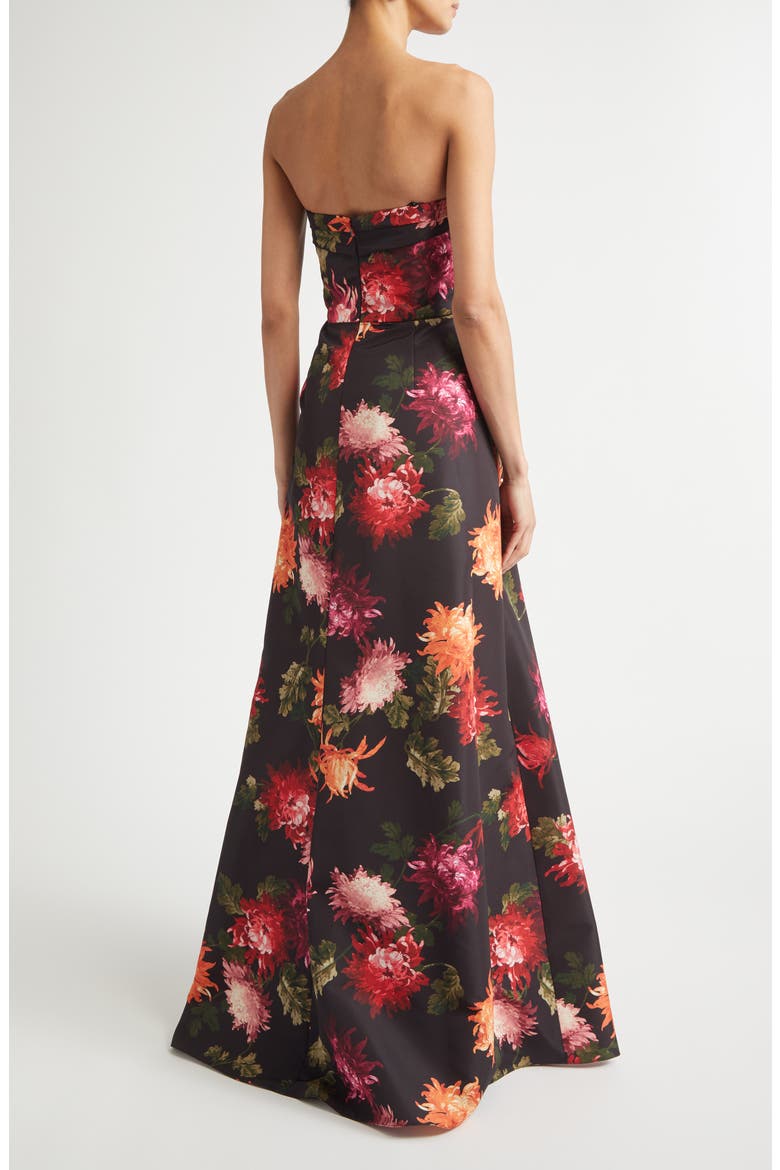 Chrysanthemum Print Strapless Faille Gown, Alternate, color, BLACK MULTI