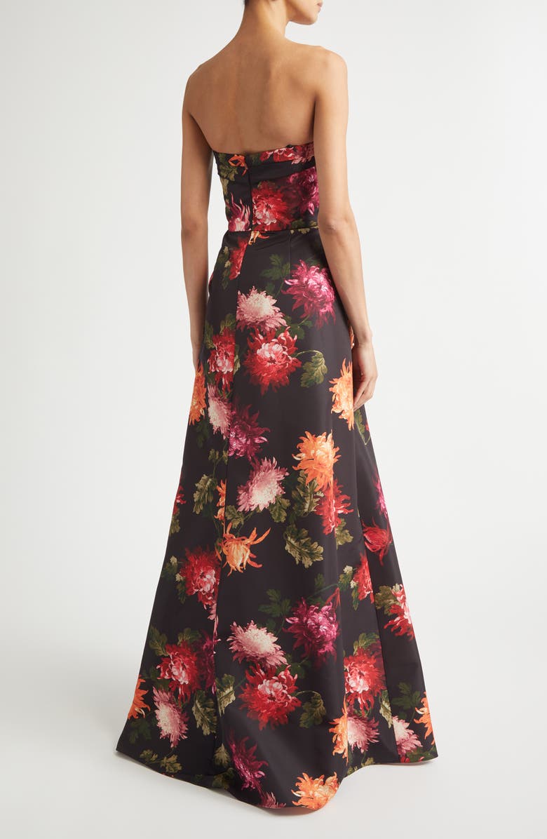 Carolina Herrera Chrysanthemum Print Strapless Faille Gown, Alternate, color, Black Multi
