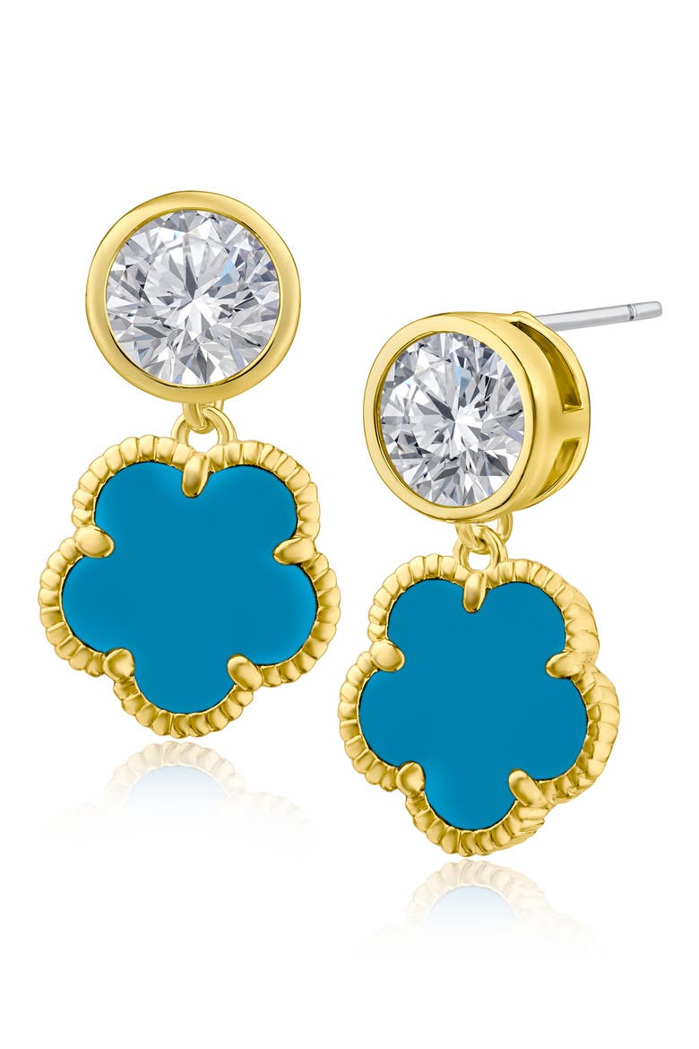 CZ & Clover Dangle Earrings, Main, color, TURQUOISE/ CLEAR GOLD