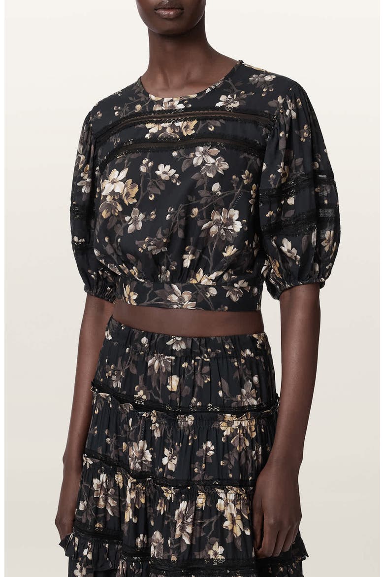 Floral Lace Trim Top, Main, color, VINE BLACK