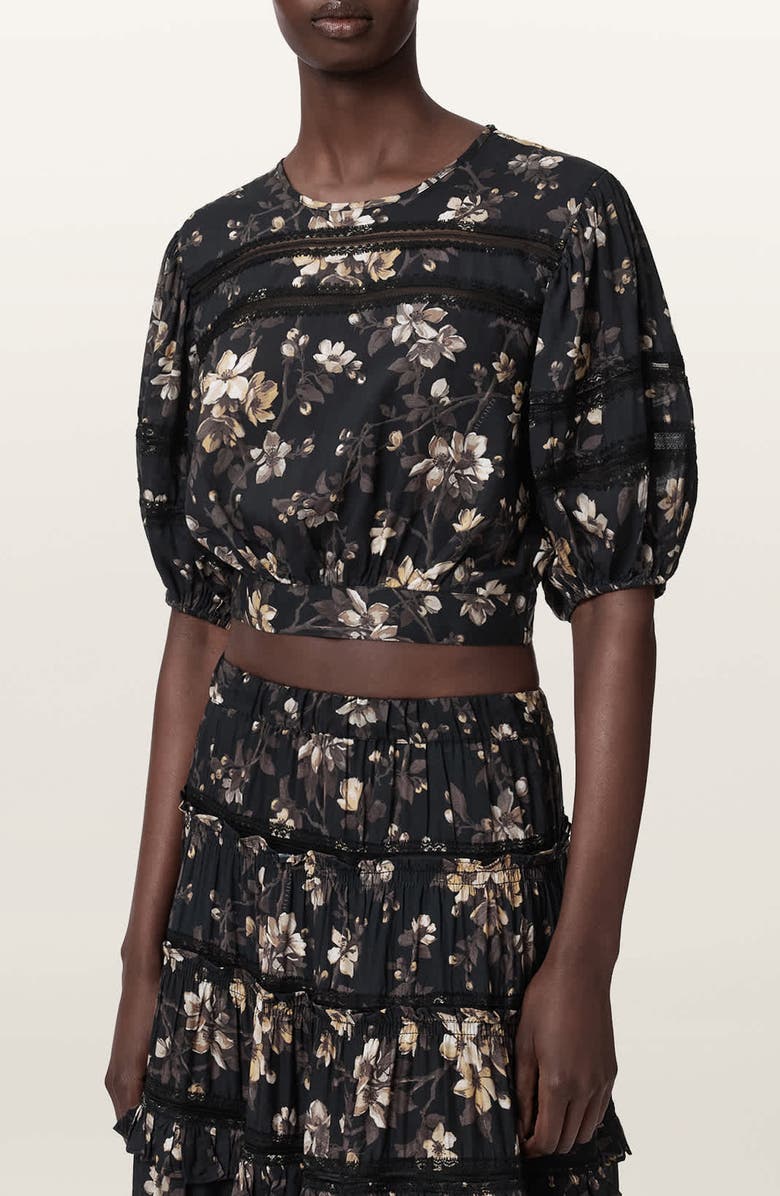 AllSaints Floral Lace Trim Top, Main, color, Vine Black