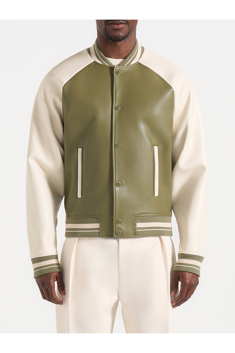 Guy Contrast Leather Bomber Jacket, Main, color, Olive/Cream