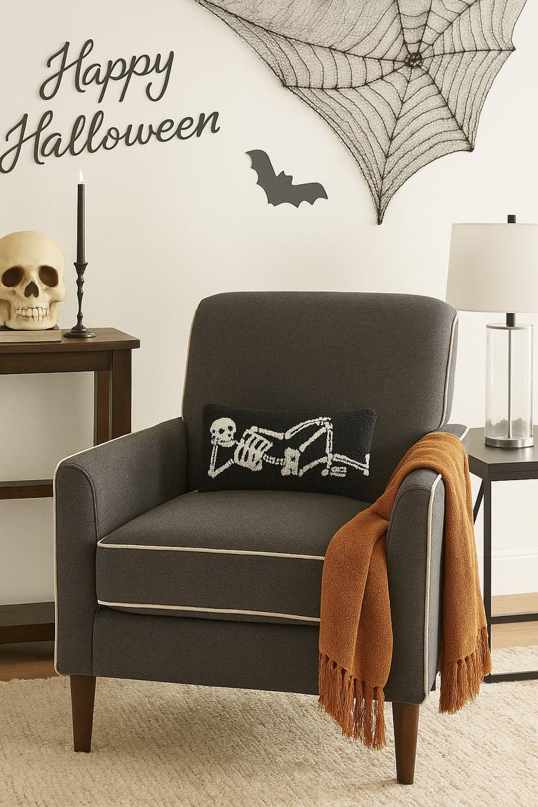 Relaxed Pose Skeleton Halloween Hooked Accent Pillow 12" x 24", Alternate, color, Black
