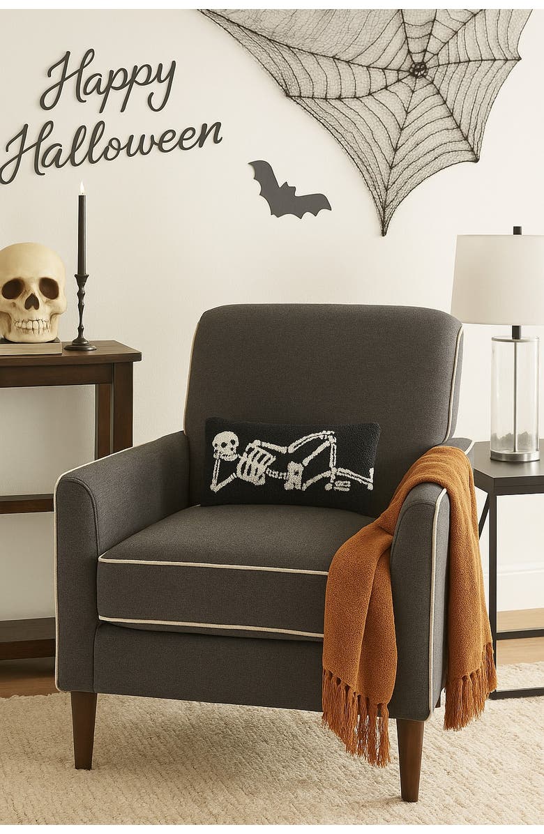 C&F Home Relaxed Pose Skeleton Halloween Hooked Accent Pillow 12" x 24", Alternate, color, 