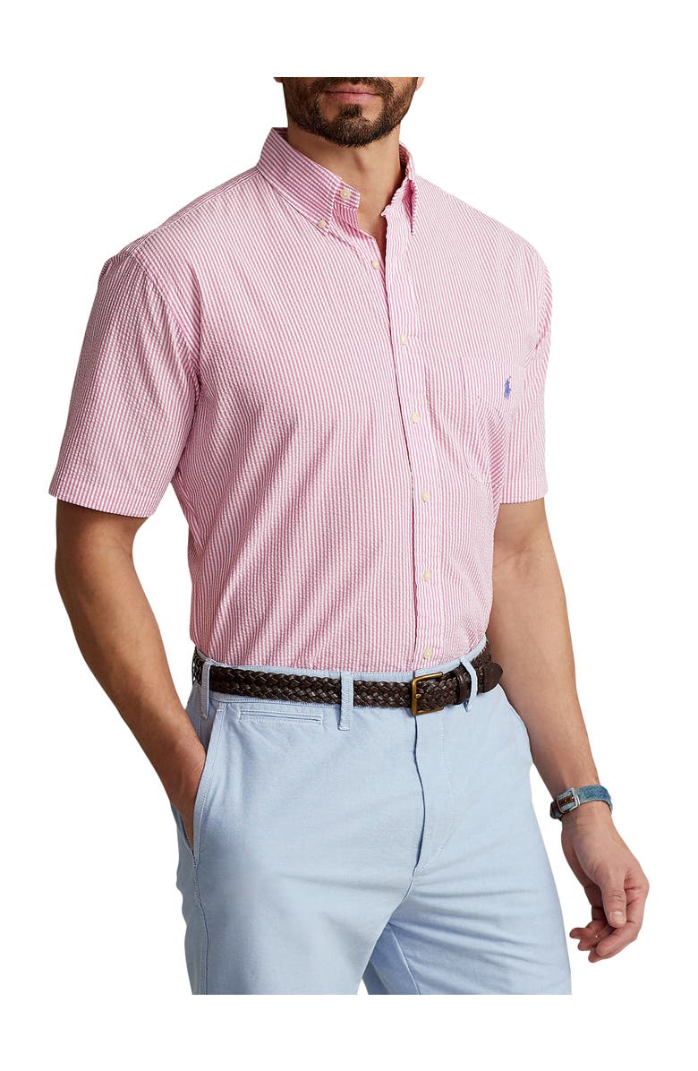 Polo Ralph Lauren Big & Tall Seersucker Stripe Sport Shirt, Main, color, Rose/White