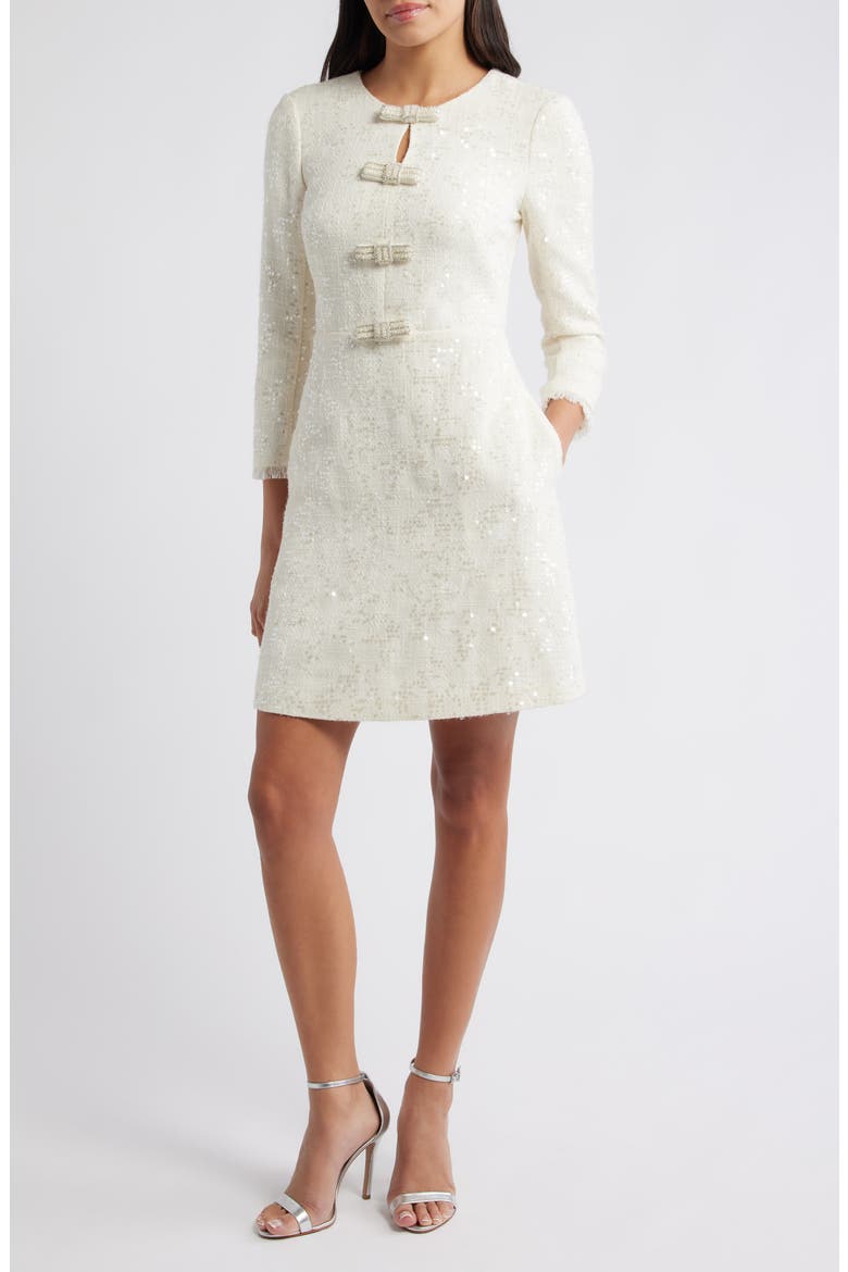 Bow Detail Sequin Tweed Sheath Dress, Main, color, IVORY