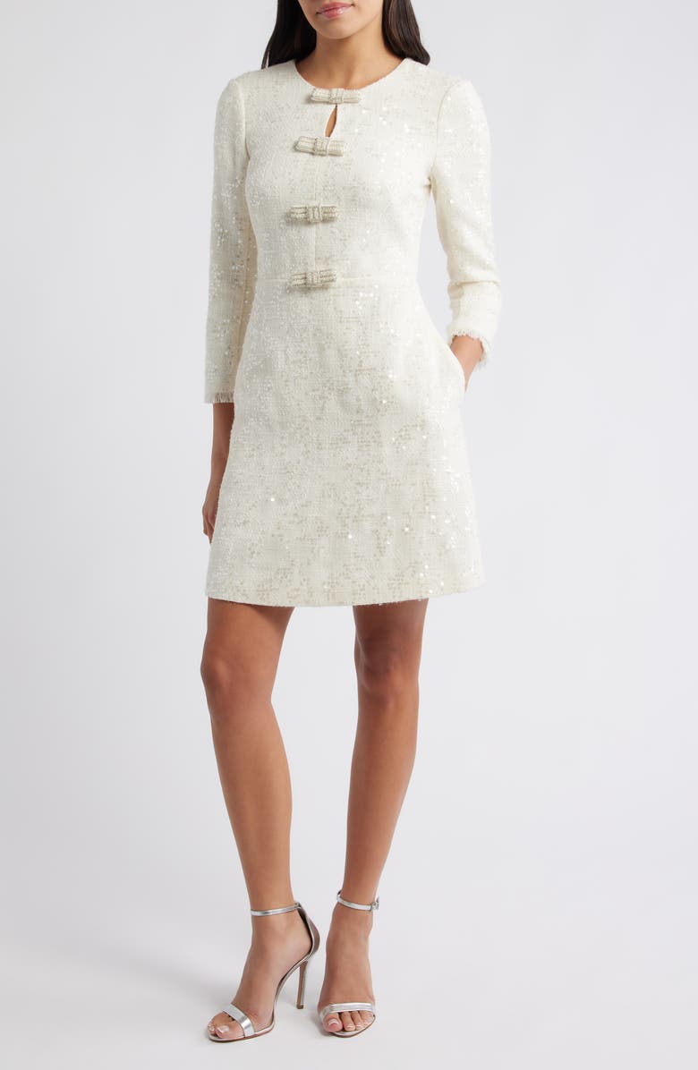 Eliza J Bow Detail Sequin Tweed Sheath Dress, Main, color, Ivory