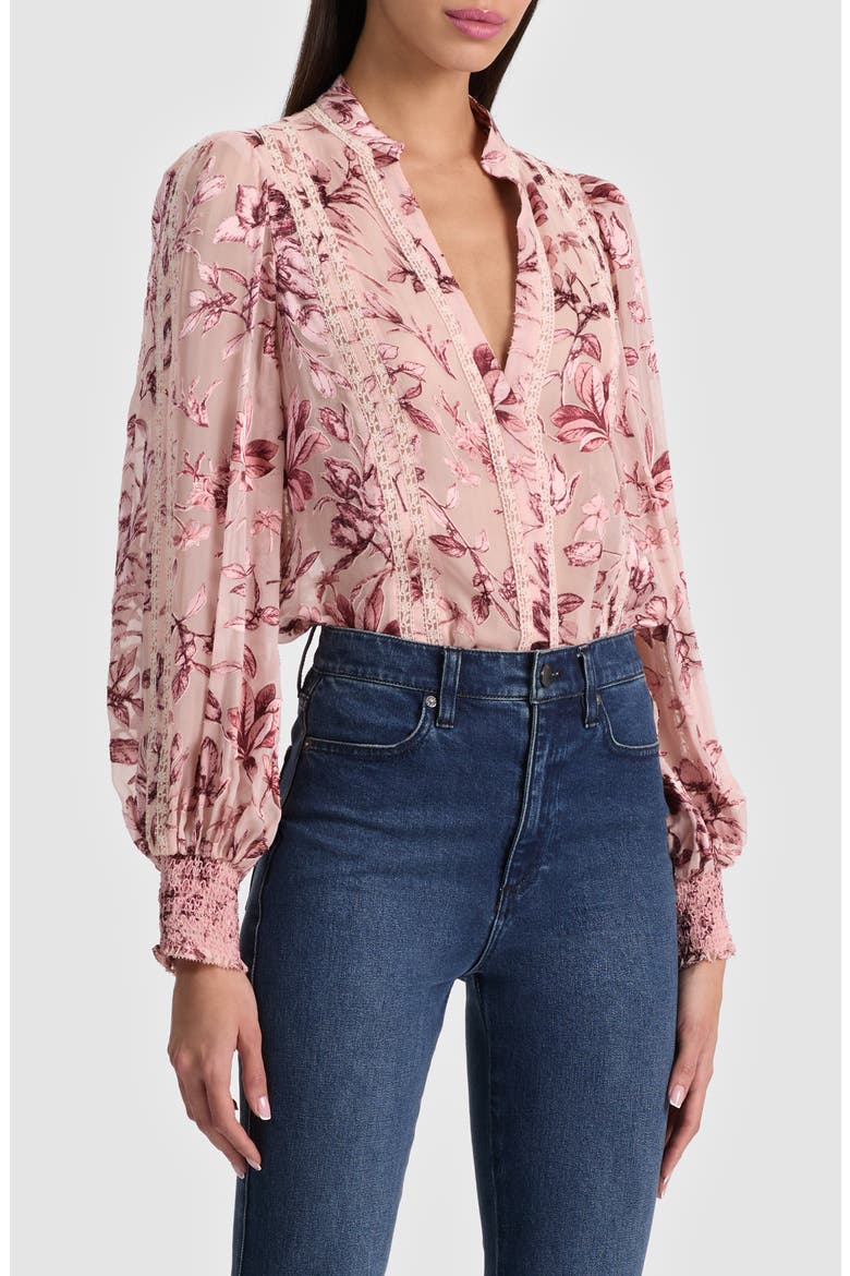 Arlette Lace Trim Floral Satin Burnout Shirt, Alternate, color, MYSTIC GARDEN ENGLISH ROSE