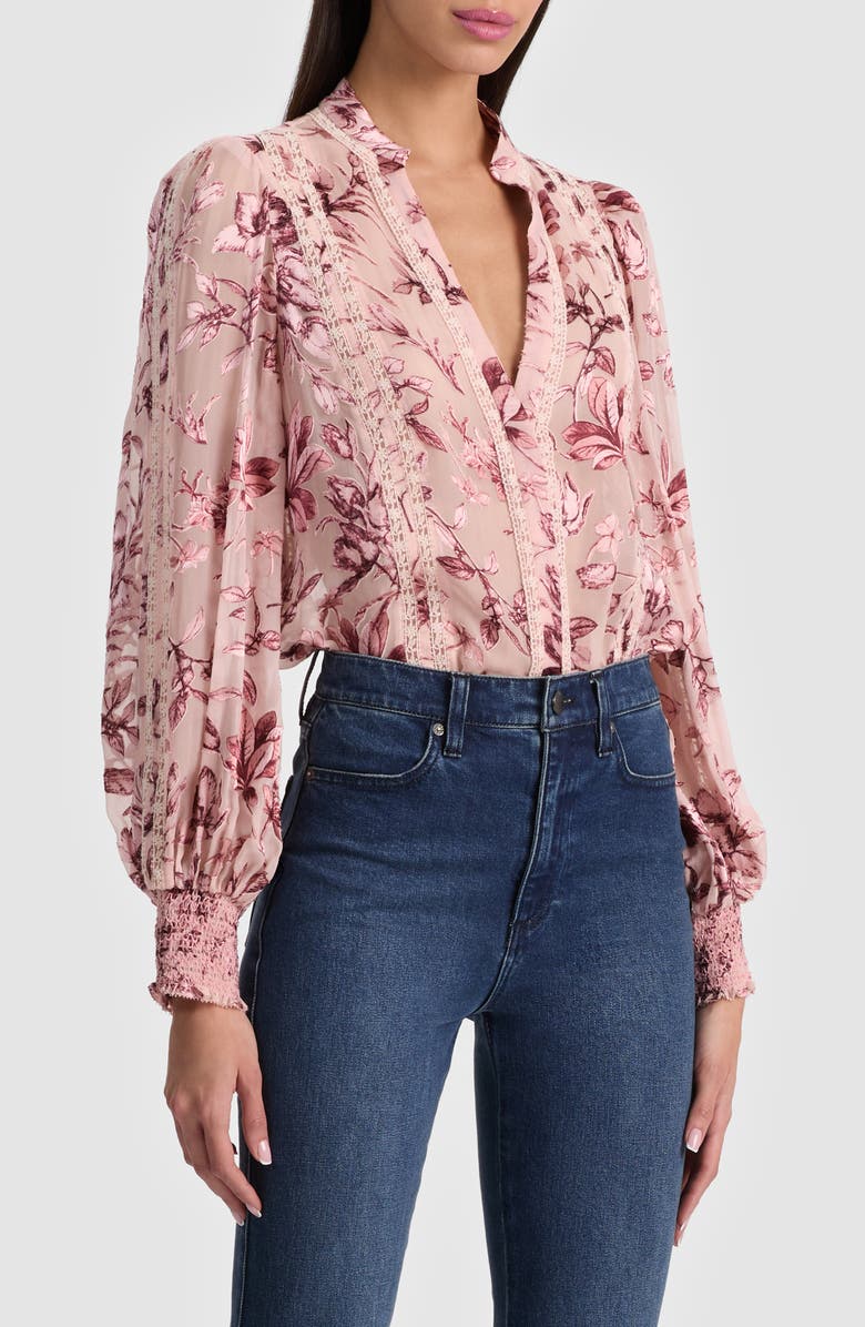 Alice + Olivia Arlette Lace Trim Floral Satin Burnout Shirt, Alternate, color, Mystic Garden English Rose