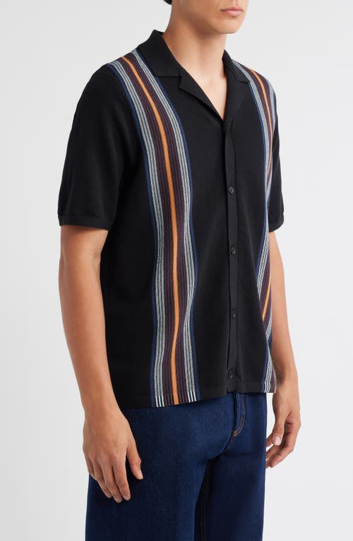 Wax London Ivy Stripe Knit Cotton Camp Shirt In Black