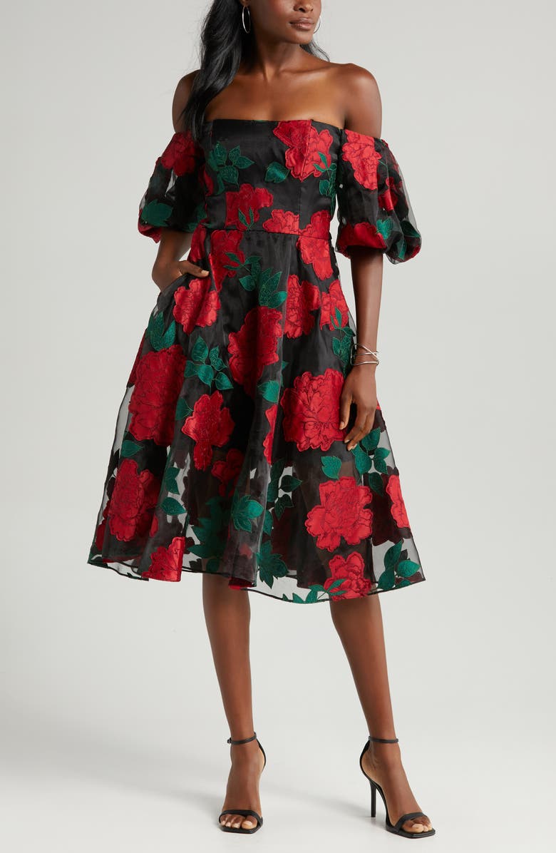 Marchesa Notte Floral Puff Sleeve Off the Shoulder Dress, Alternate, color, Black Combo