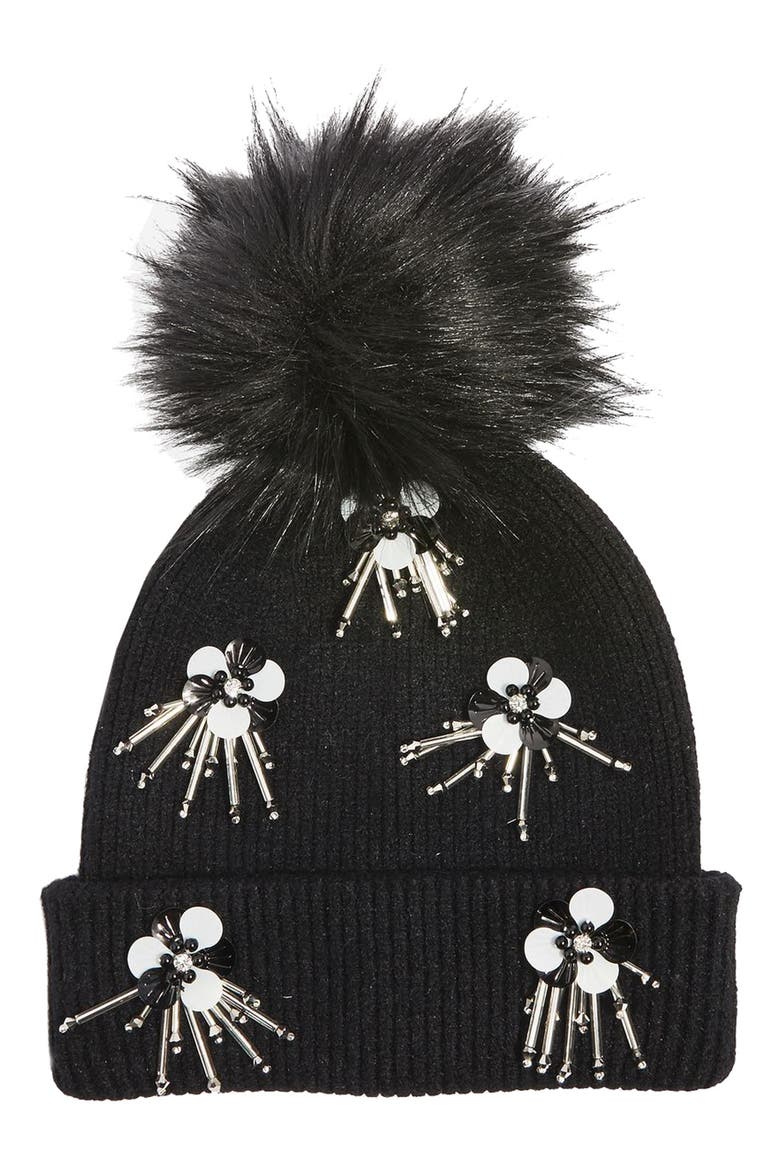 Flower Burst Embellished Beanie, Main, color, BLACK MULTI