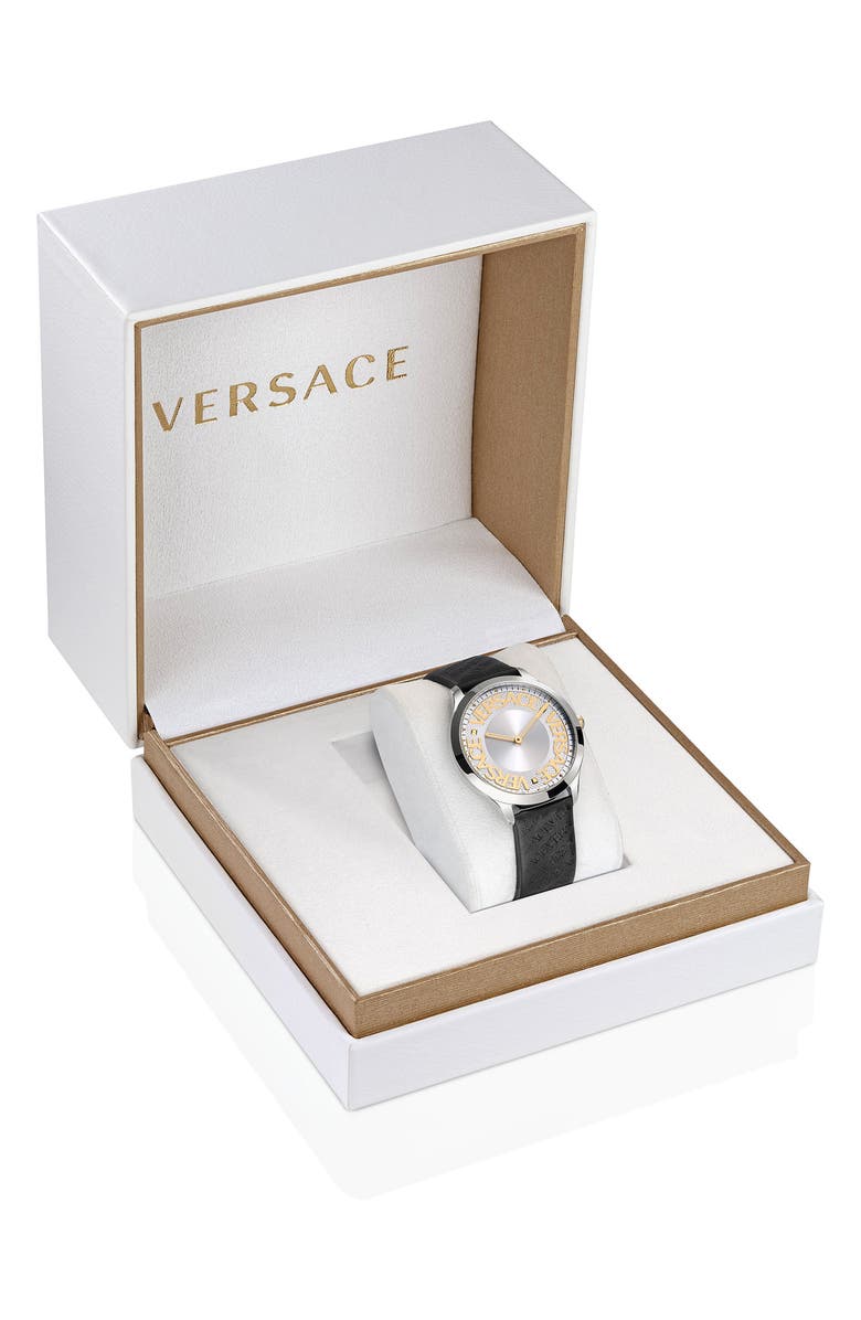 Versace Logo Halo Leather Strap Watch, 38mm, Alternate, color, 