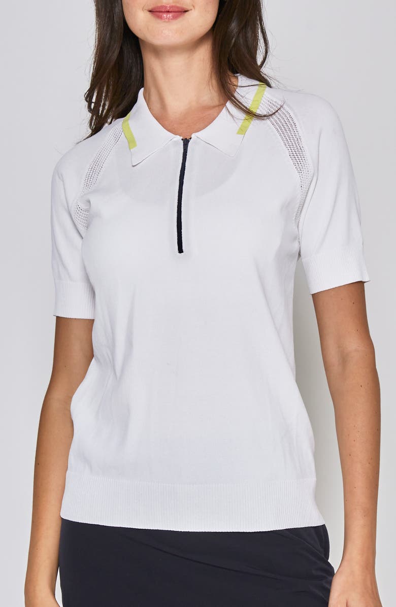 L'ETOILE SPORT ZIP FRONT KNIT POLO, Main, color, White/ Yellow/ Navy