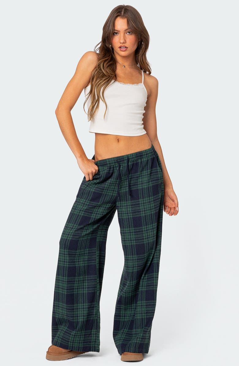 EDIKTED Lounge Around Plaid Wide Leg Pants, Alternate, color, Navy