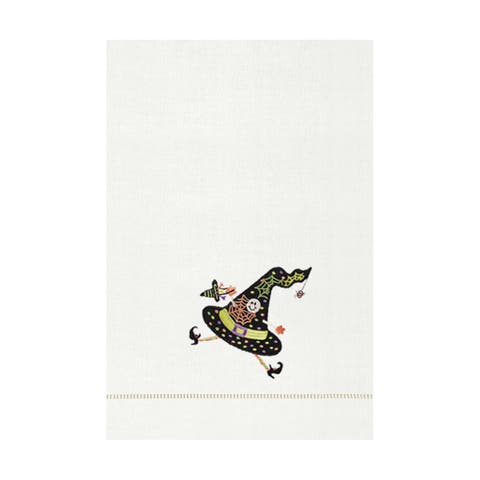 Ms. Muffet Cream & Black Witch Hat Halloween Flour Sack Embroidered Dish Towel