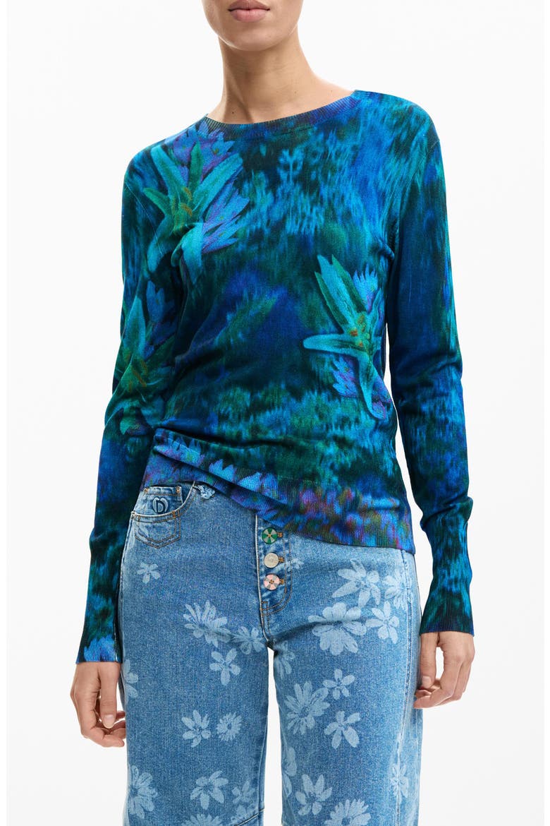 Floral Fine Gauge Crewneck Sweater, Main, color, BLUE/GREEN