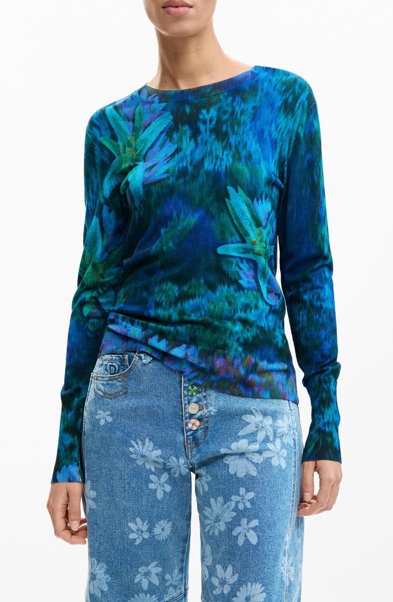 Desigual Floral Fine Gauge Crewneck Sweater, Main, color, Blue/Green
