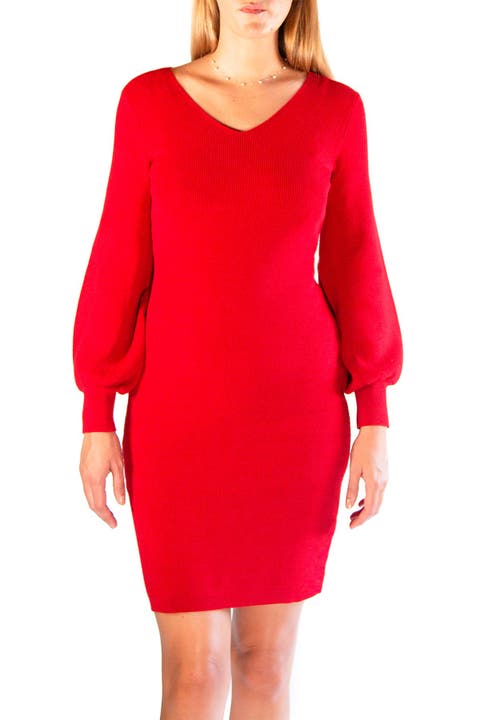 V-Neck Balloon Sleeve Sweater Dress