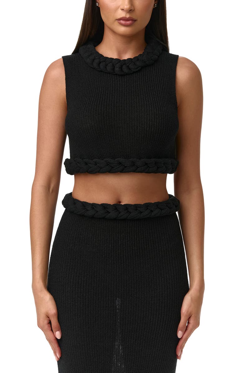 Naked Wardrobe Rib Knit Braid Trim Crop Top, Main, color, Black