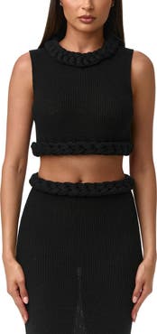 Naked Wardrobe Rib Knit Braid Trim Crop Top