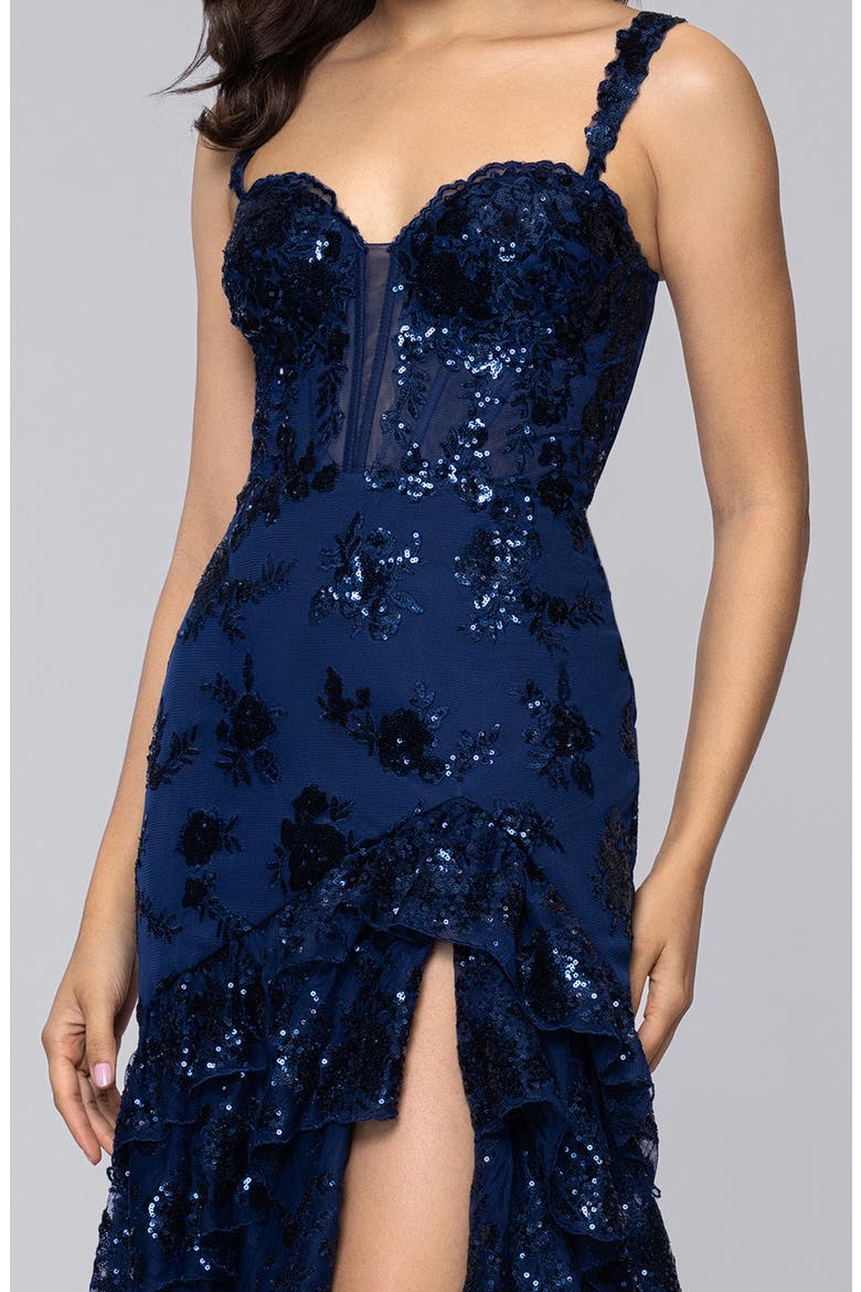 Sequin Embroidered Tiered Tulle Gown, Alternate, color, NAVY
