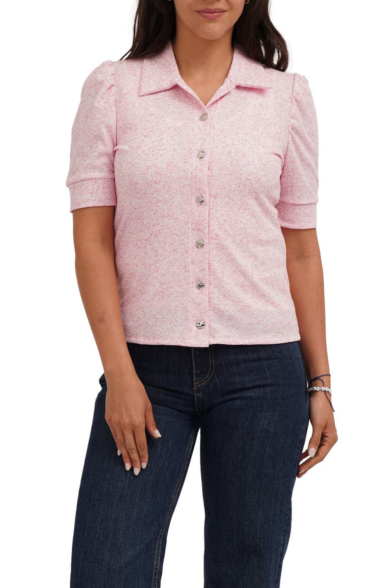 Puff Sleeve Button Front Shirt, Main, color, PINK LEMONADE