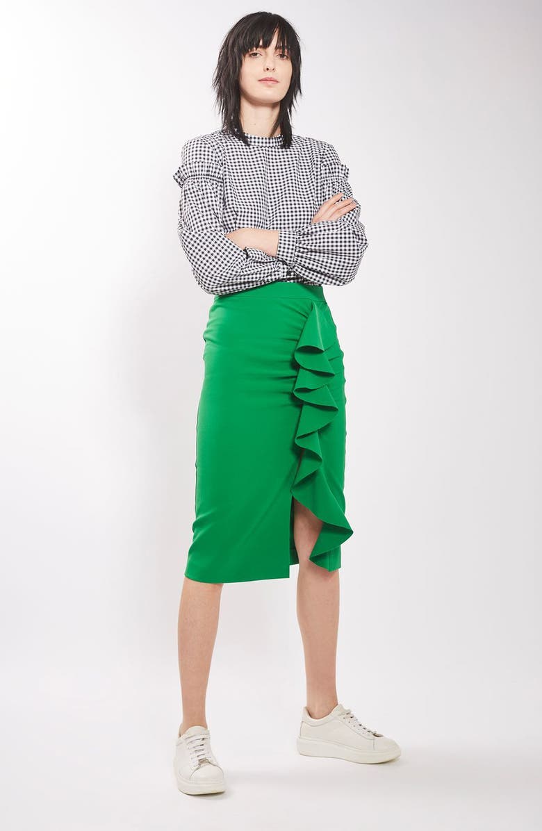 Topshop Gingham Mutton Sleeve Top, Alternate, color,