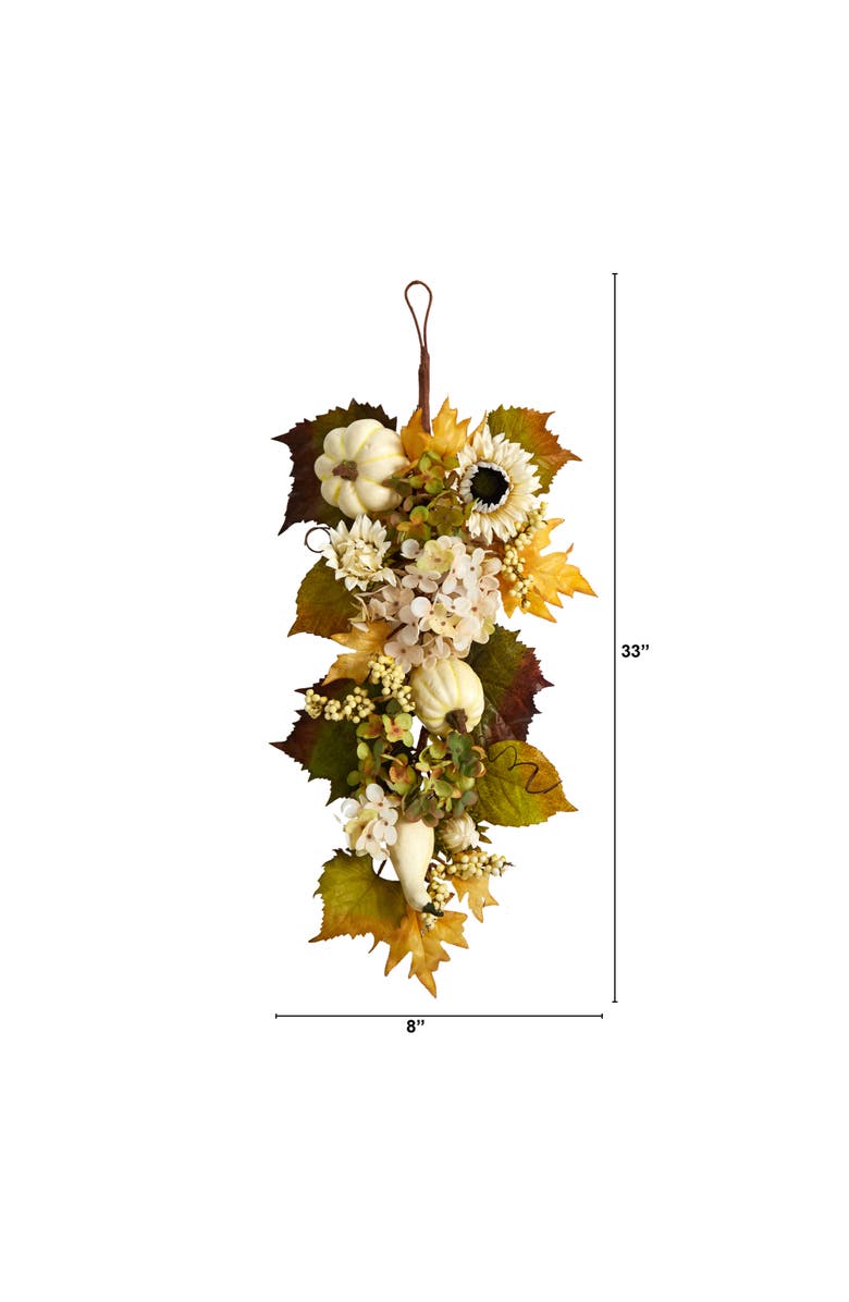 NEARLY NATURAL 33-in Fall Sunflower, Hydrangea and White Pumpkin Artificial Autumn Teardrop, Alternate, color, Yellow