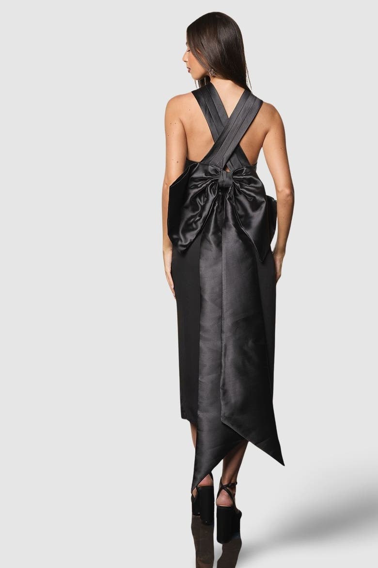 Cross Over Front Bow Back Midi Dress, Alternate, color, Black
