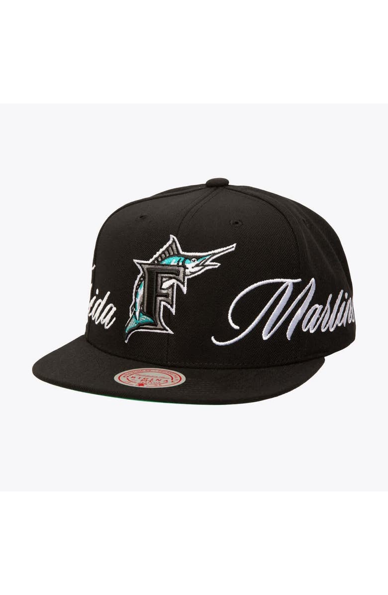 Mitchell & Ness Men's Mitchell & Ness Black Florida Marlins Just Don x MLB Lux Script Snapback Hat, Main, color,