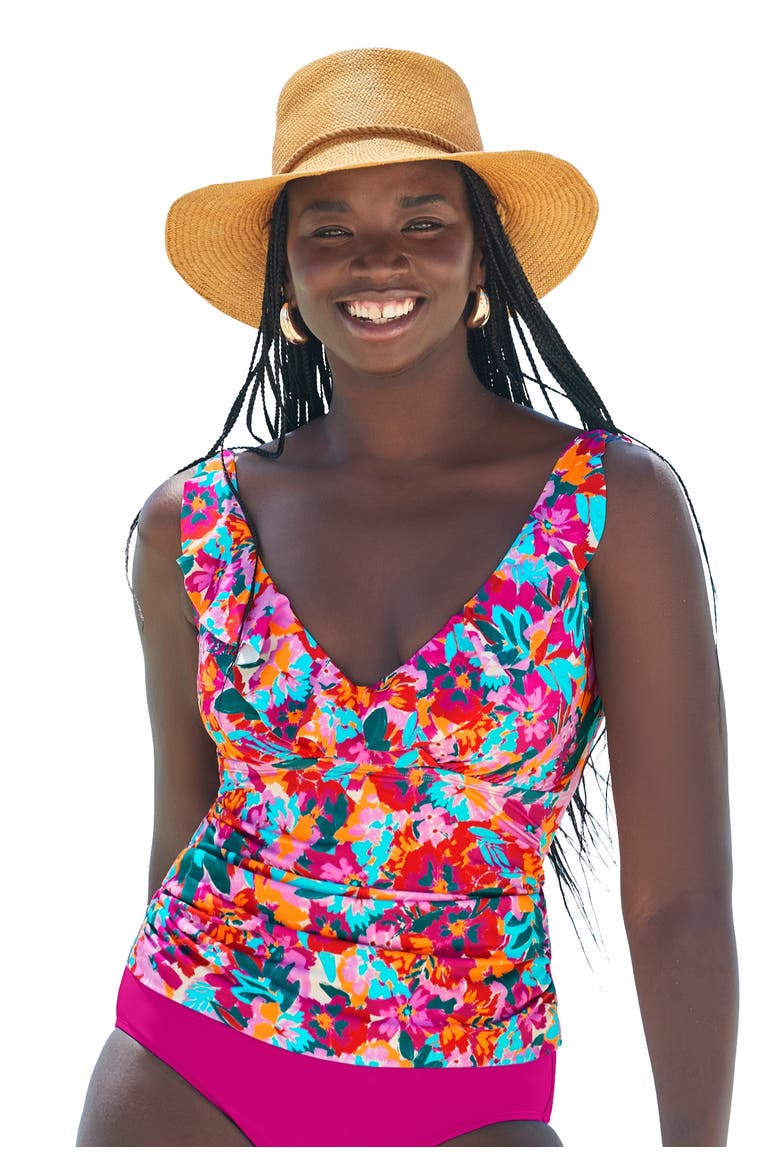 Ruffle V Neck Tankini Top, Main, color, Fruit Punch Flowers