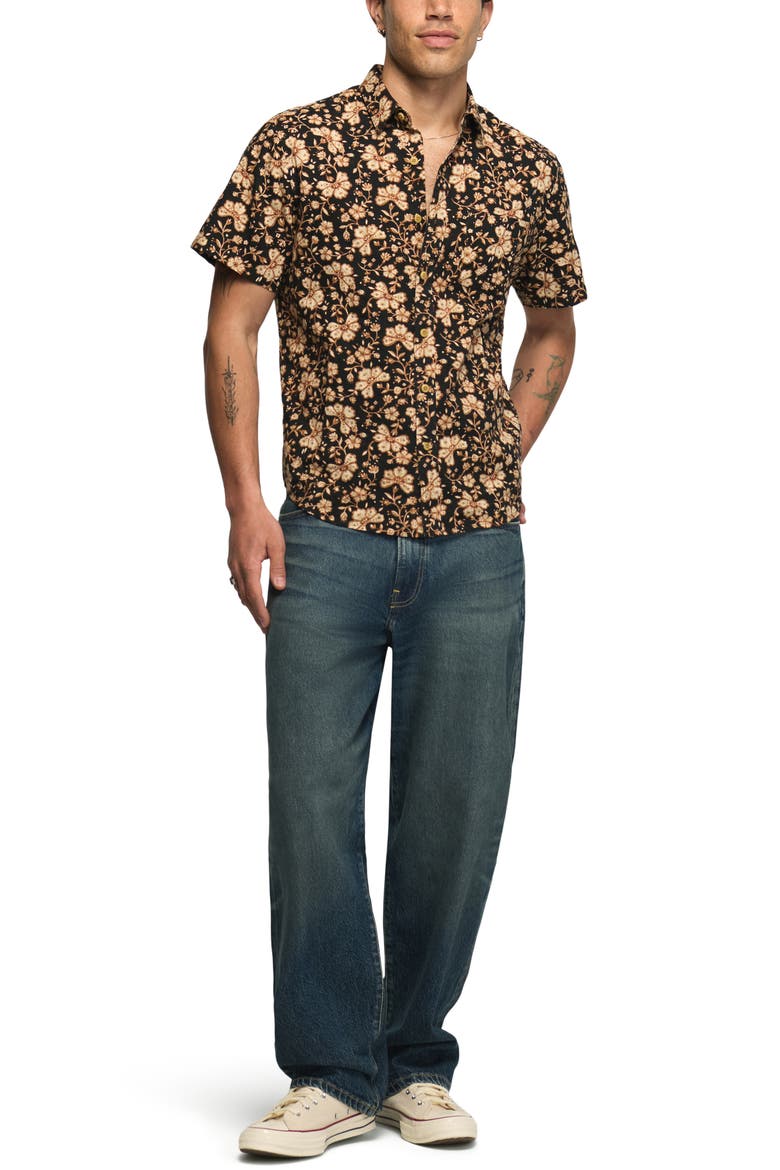 Floral Short Sleeve Cotton Button-Up Shirt, Alternate, color, BLACK PRINT