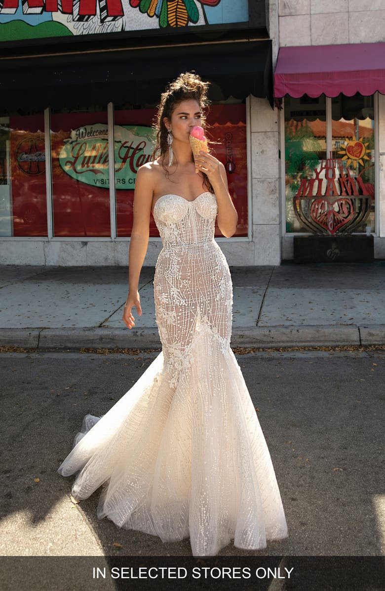Berta Beaded & Embroidered Strapless Mermaid Wedding Dress, Main, color, 