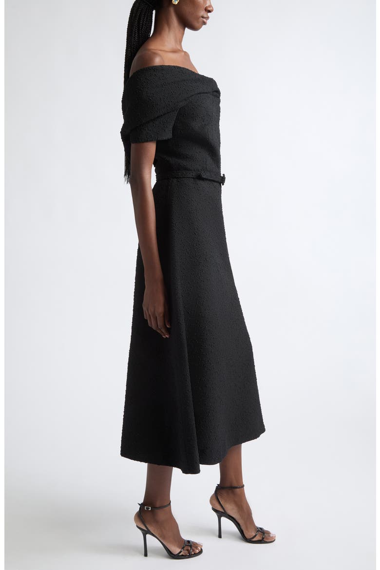 Slubby Off the Shoulder Tweed Midi Dress, Alternate, color, BLACK