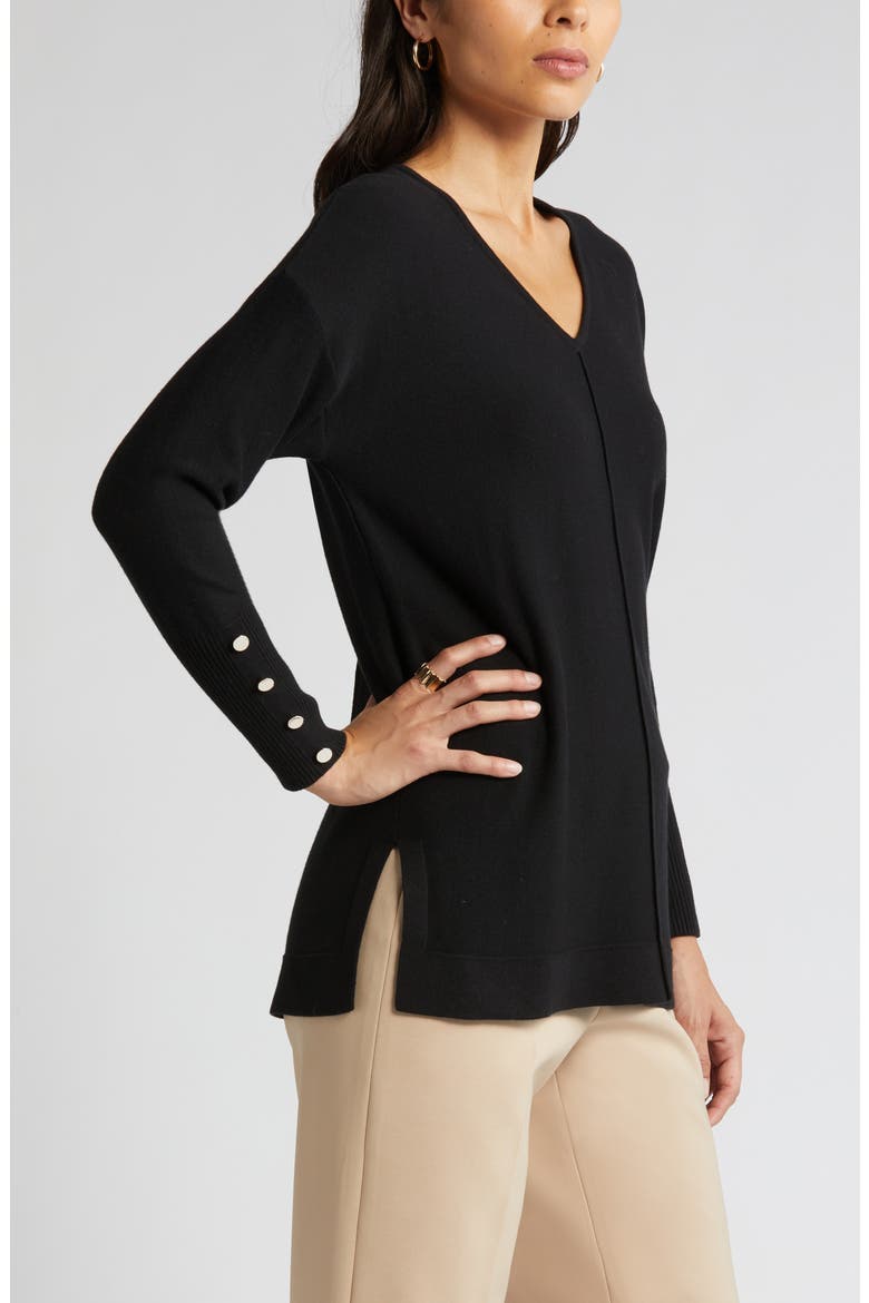 Button Cuff V-Neck Sweater, Alternate, color, ANNE BLACK