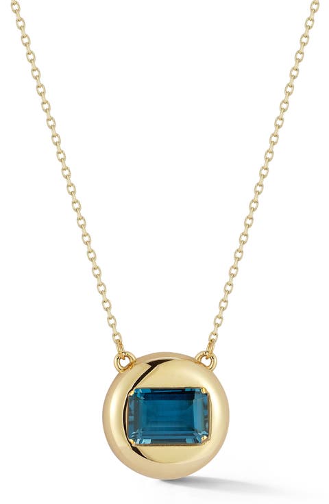 14K Gold London Blue Topaz Button Pendant Necklace