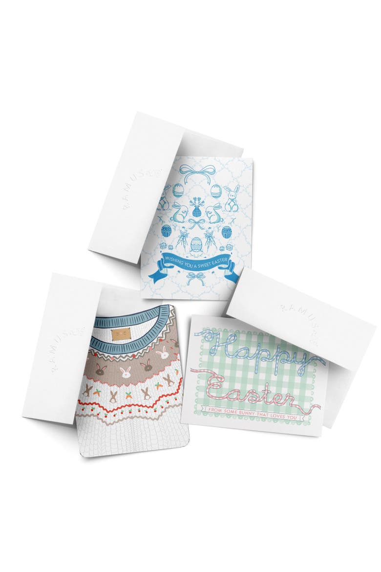 Easter Greeting Card Pack, 'Indigo Sweet, Bunnies Sweater, Gingham Ribbons', Main, color, Multi-Pack