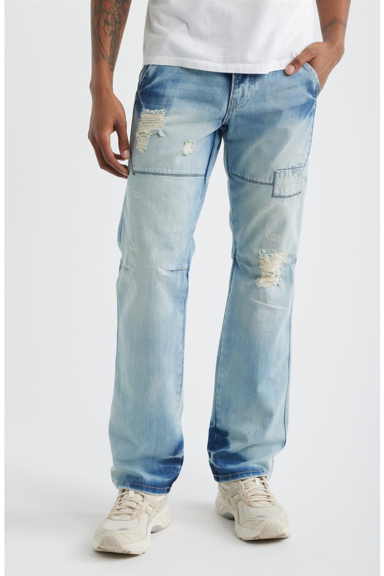 Five Pocket Distressed Slim Straight Leg Jeans, Main, color, HEAVLY