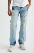 LEVEL 7 Five Pocket Distressed Slim Straight Leg Jeans