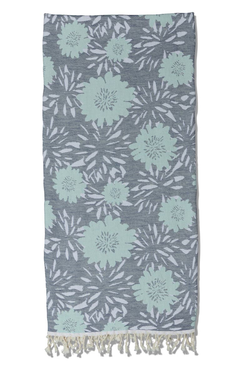 Flower Pop Organic Cotton Medium Weight Throw Blanket, Alternate, color, Navy with Mint Flowers
