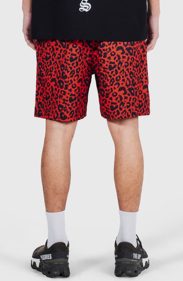 PLEASURES Leopard Print Active Shorts, Alternate, color, Red