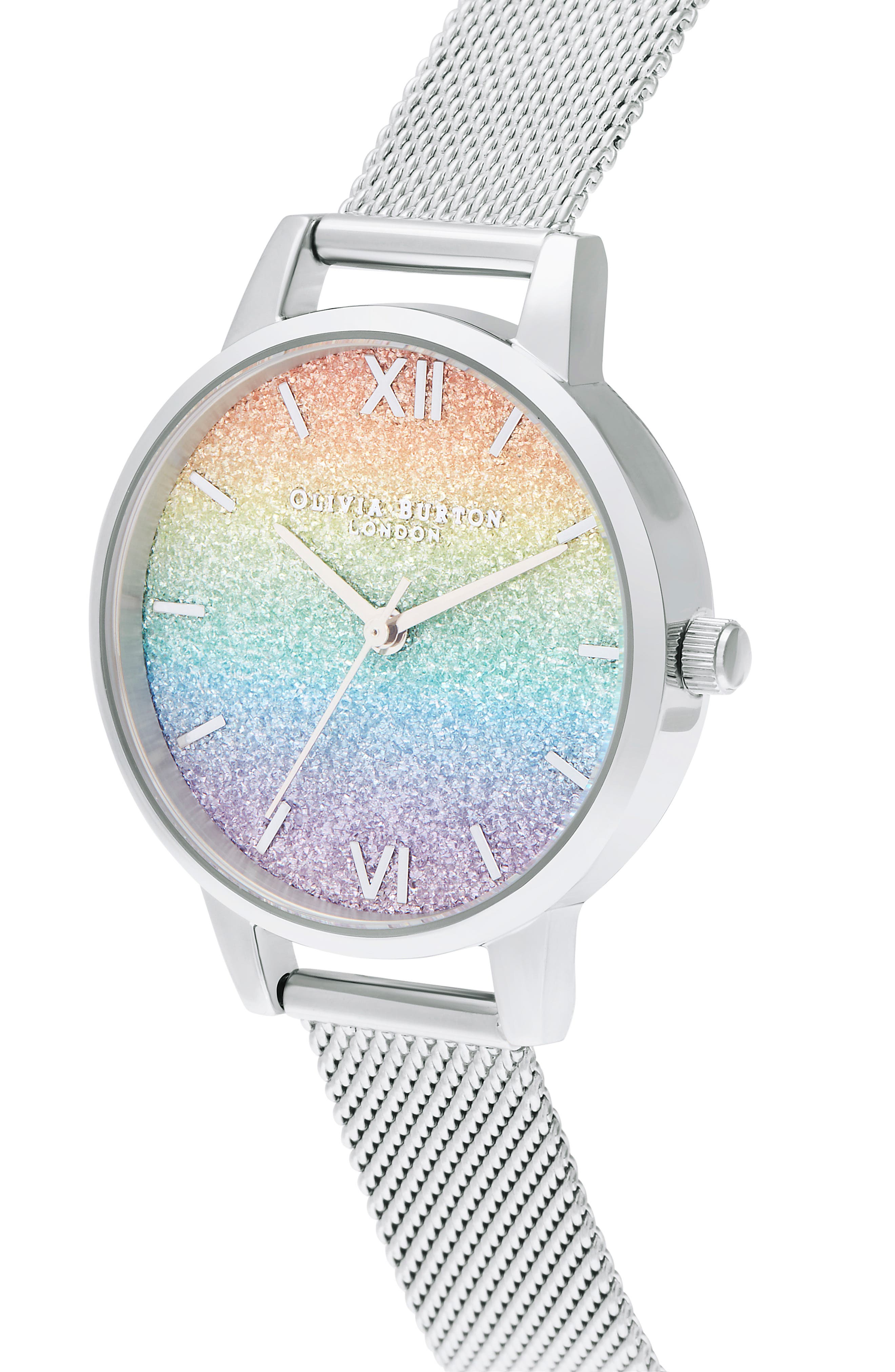 Olivia Burton Rainbow Glitter Dial Mesh Strap Watch, 30mm  display picture 3